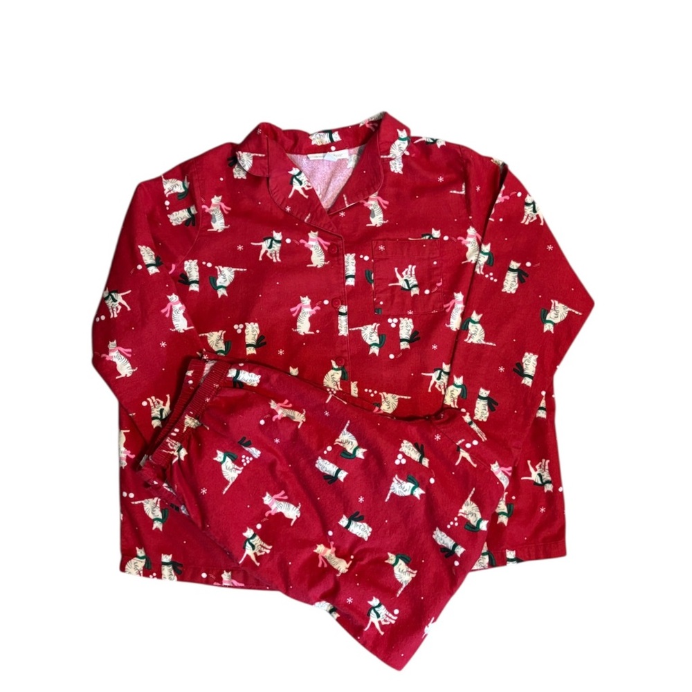 Dream Co. Cat Print Pajama Set 100% Cotton Flannel Plus 18-20 Red